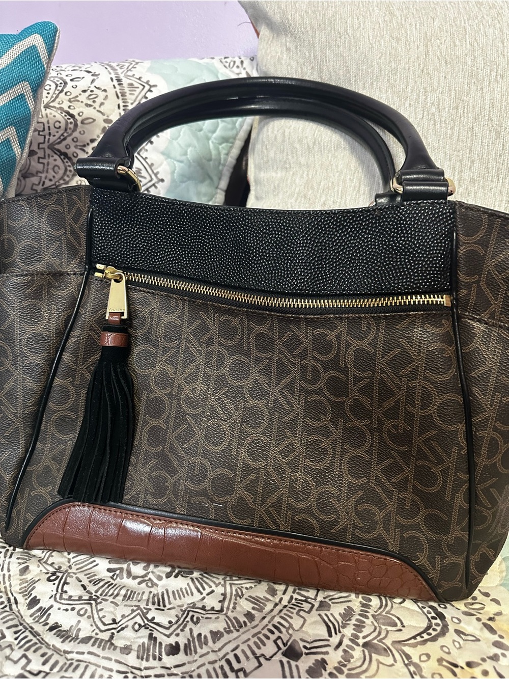 Calvin Klein  Brown Monogram Top-Handle Tote with Black Trim and Tassel